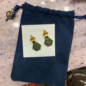 Tory Burch gold drop earrings with green marble back